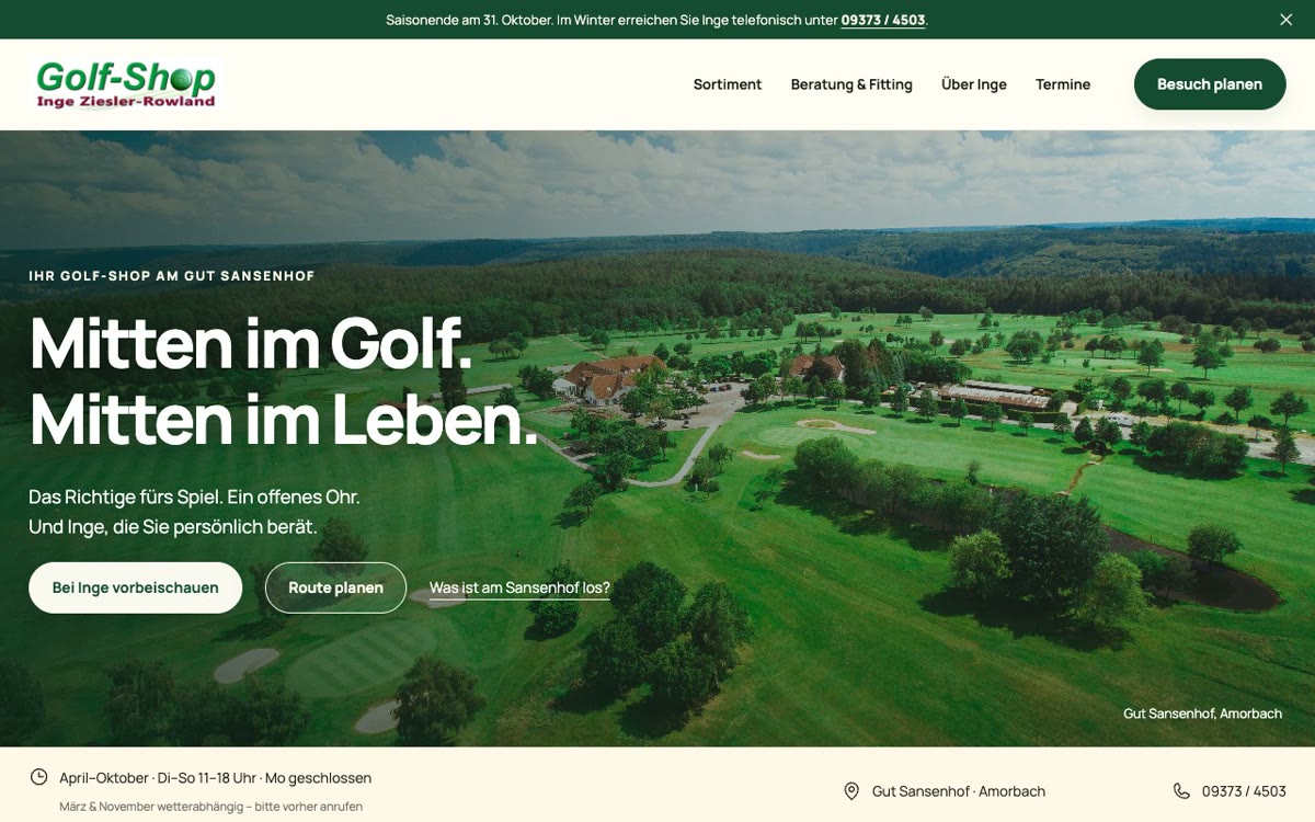The Golf-Shop Ziesler homepage, an aerial photograph of the Sansenhof golf course behind a German headline
