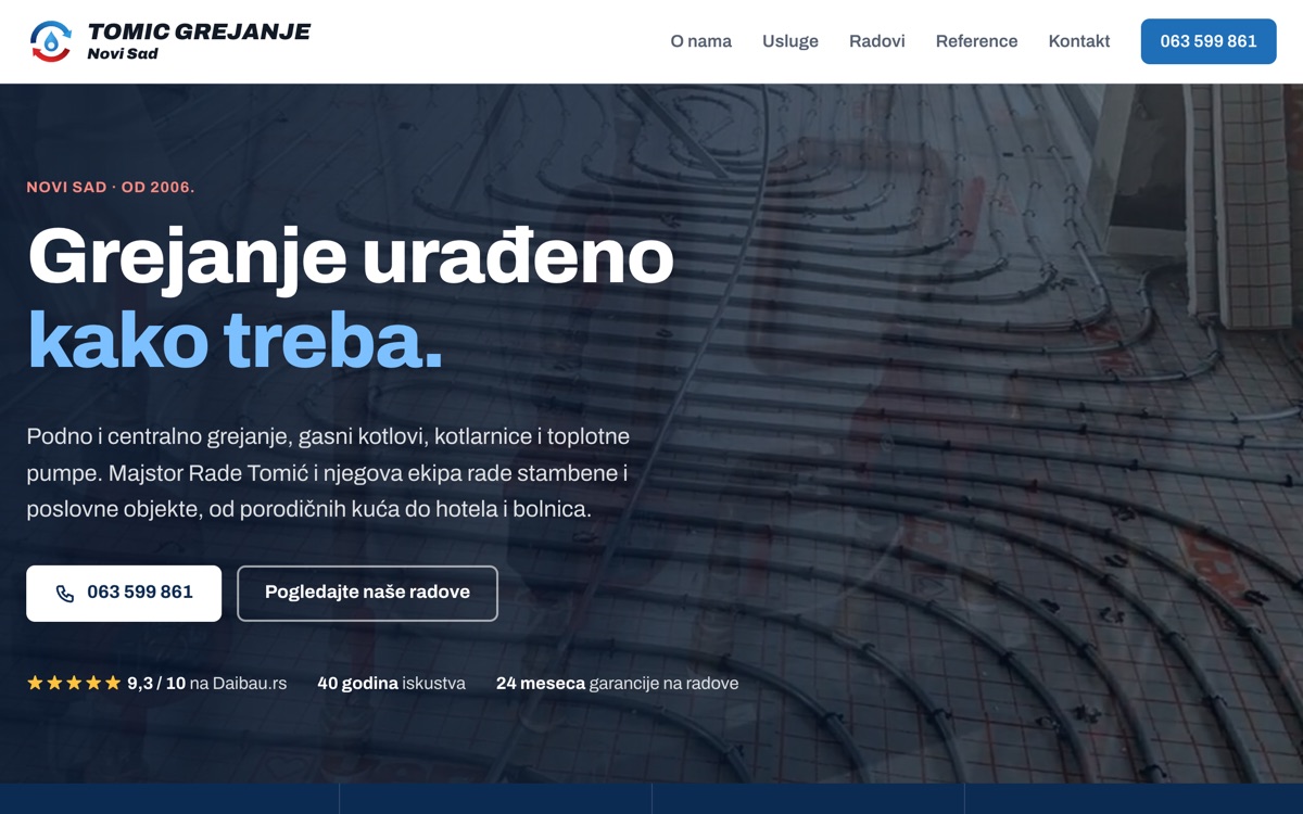The Tomić Grejanje homepage, with the Serbian headline Grejanje urađeno kako treba
