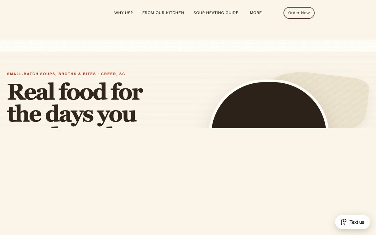 The Ladle Me This storefront, a warm cream page with the headline Real food for the days you
