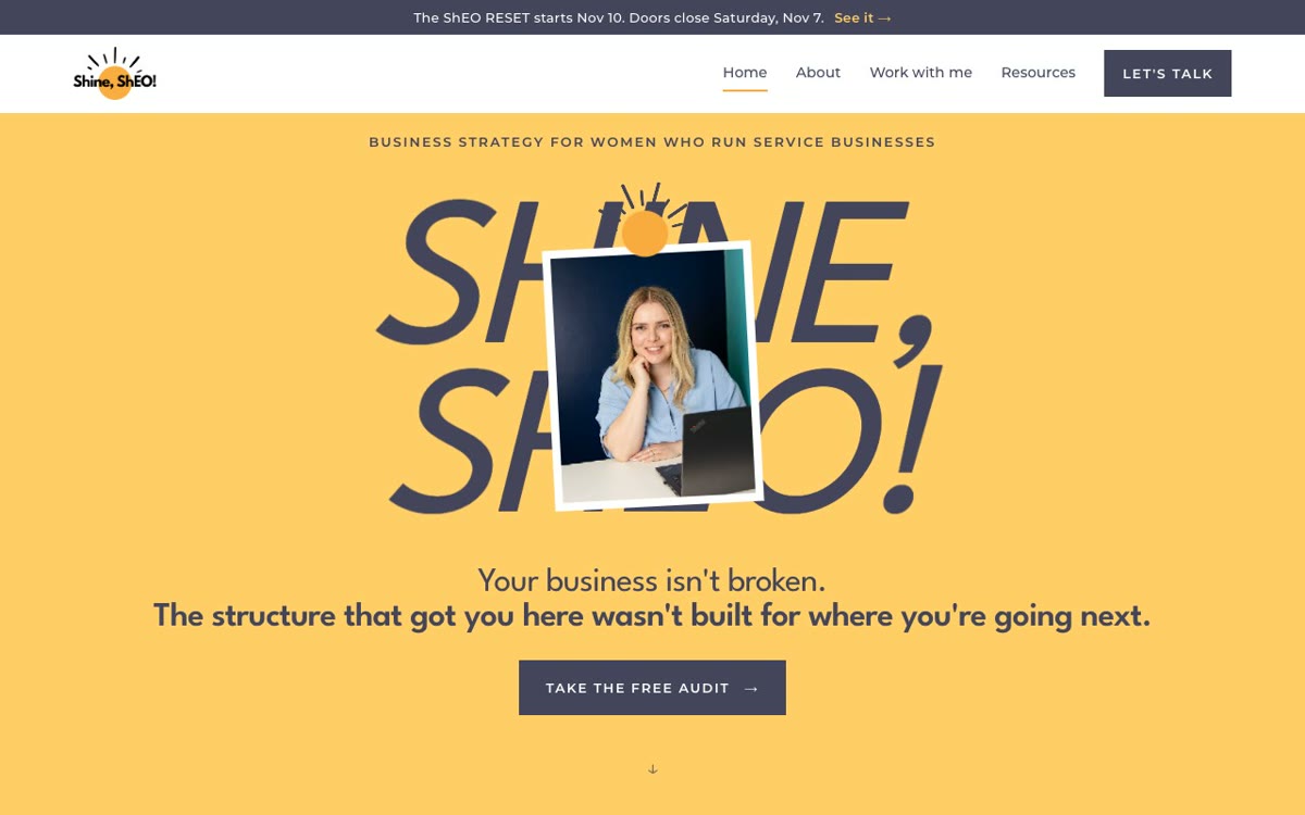 The Shine, ShEO! homepage, a yellow ground with a large display headline and a photograph of the founder
