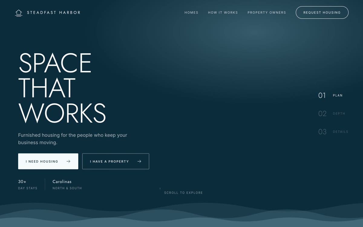 The Steadfast Harbor homepage, deep navy with the headline Space That Works